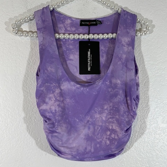 PRETTY LITTLE THING Shape Lilac Tie Dye Slinky Ruched Side Crop Top Size 2 New - Picture 3 of 8